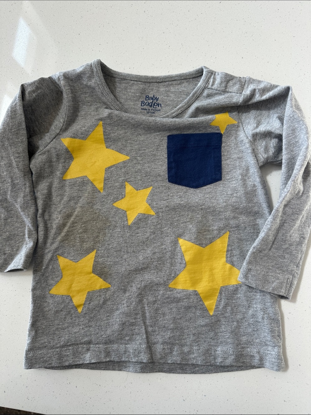 Baby Boden Grey Long Sleeve Tee with Yellow Stars and Navy Pocket